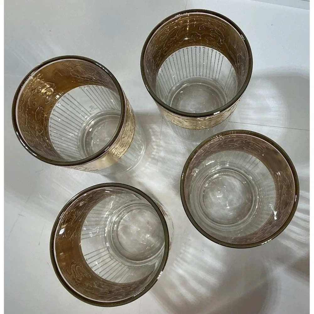 Vintage Gold Encrusted Floral Scroll‎ Highball Glasses Optic Ribbed Set of 4
